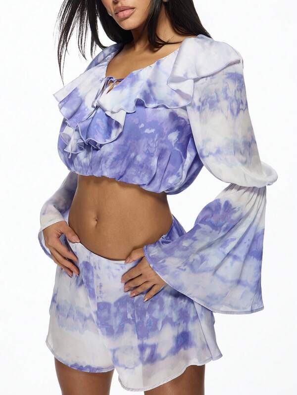 Missguided MISSGUIDED Ruffle Tie Dye Satin Crop Top Shorts Two Piece Outfit