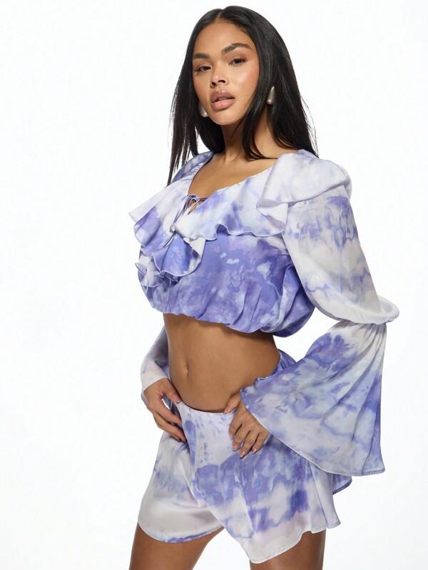 missguided MISSGUIDED Ruffle Tie Dye Satin Crop Top Shorts Two Piece Outfit