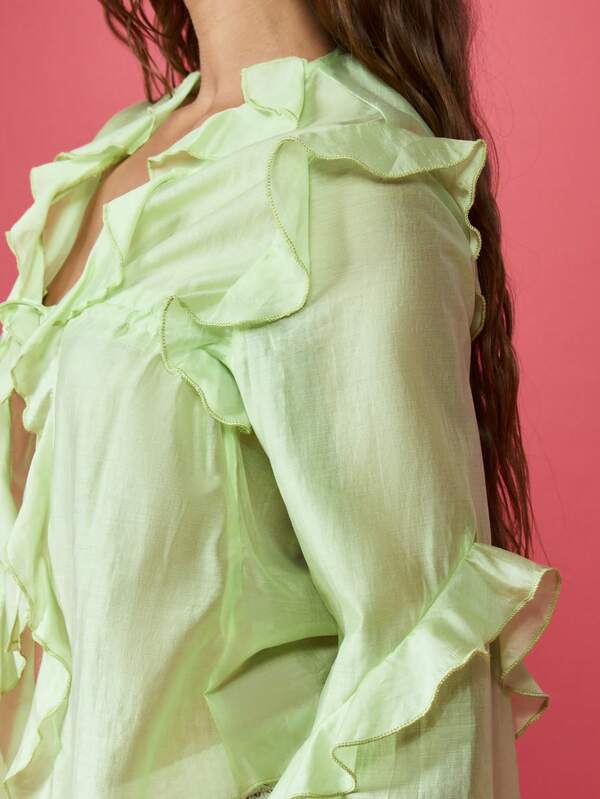 Missguided MISSGUIDED Ruffle Tie Front Long Sleeve Sheer Lightweight Blouse
