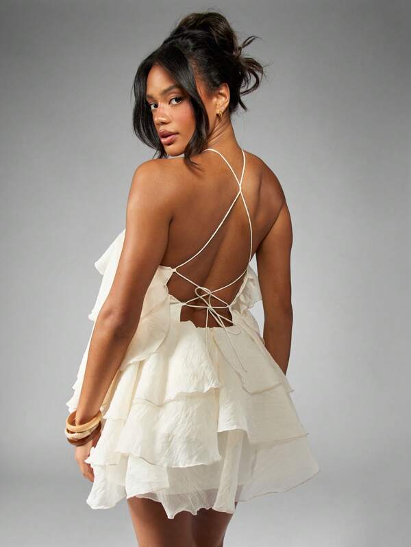 Missguided MISSGUIDED Ruffle Tiered Halter Neck Mini Dress