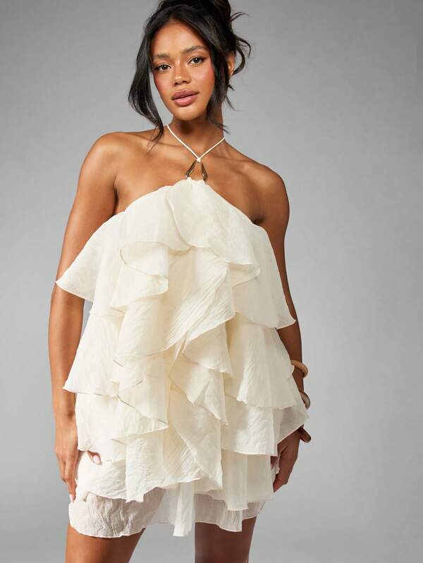 missguided MISSGUIDED Ruffle Tiered Halter Neck Mini Dress