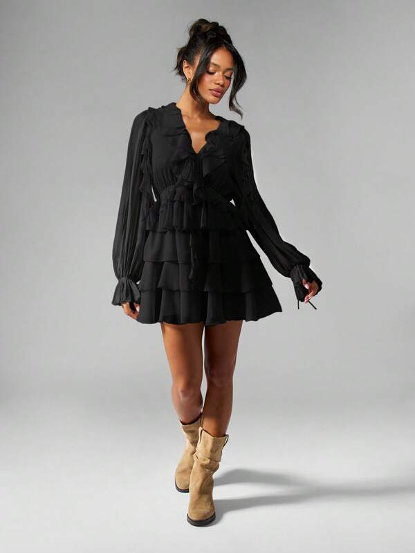 Missguided MISSGUIDED Ruffle Tiered Mini Dress With Balloon Sleeves