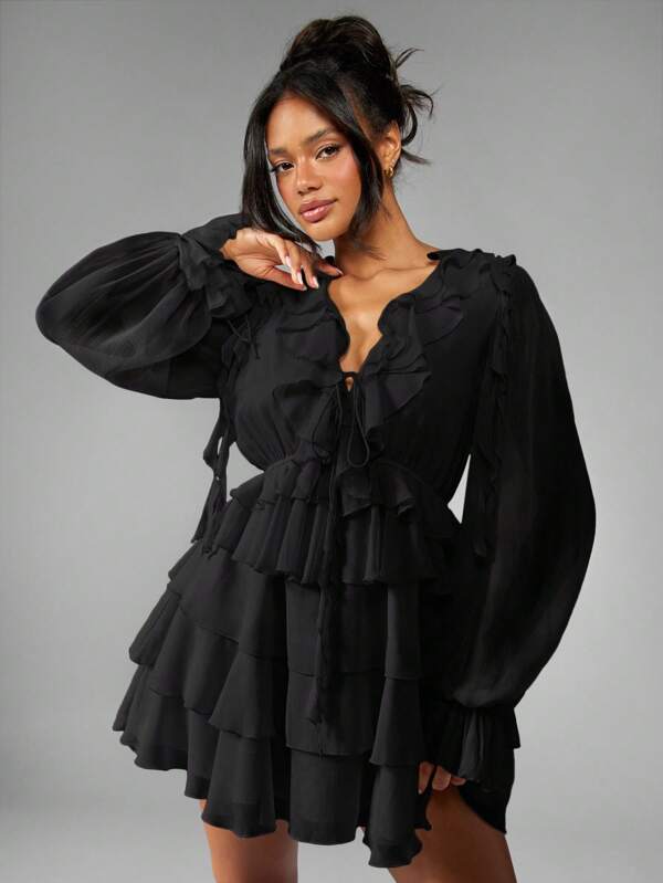 missguided MISSGUIDED Ruffle Tiered Mini Dress With Balloon Sleeves