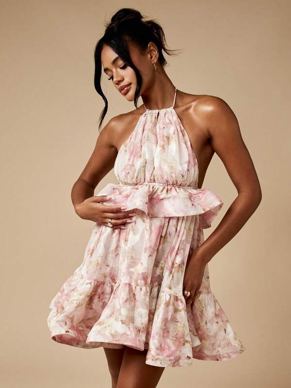 Missguided MISSGUIDED Ruffle Tiered Mini Dress With Floral Chiffon Halter Sleeveless Backless