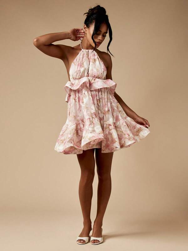 Missguided MISSGUIDED Ruffle Tiered Mini Dress With Floral Chiffon Halter Sleeveless Backless