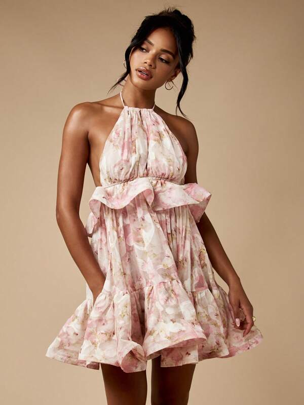 missguided MISSGUIDED Ruffle Tiered Mini Dress With Floral Chiffon Halter Sleeveless Backless