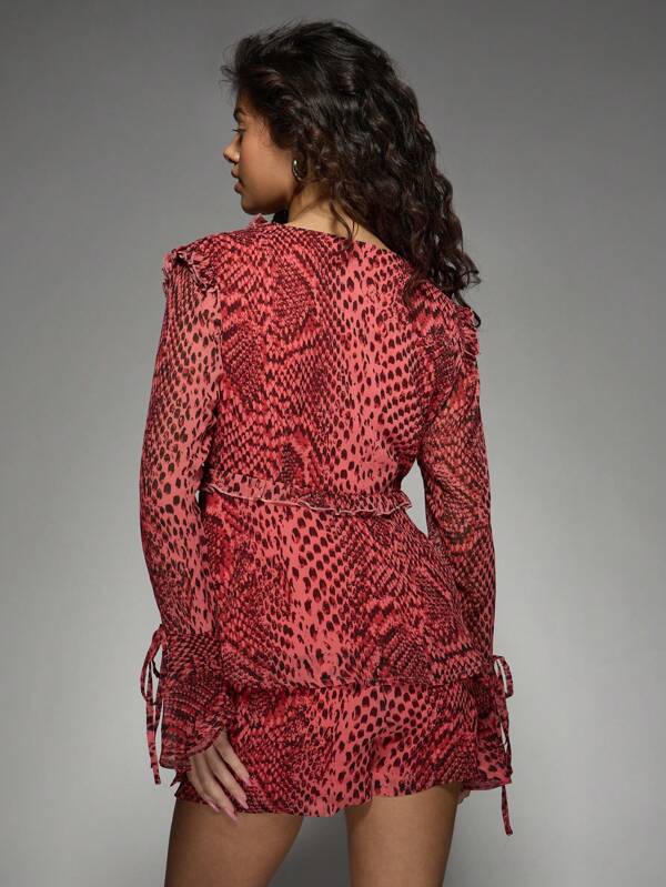 Missguided MISSGUIDED Ruffle Trim Animal Print Long Sleeve Two-Piece Outfit