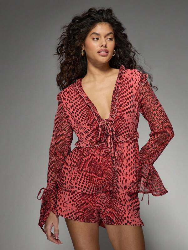 missguided MISSGUIDED Ruffle Trim Animal Print Long Sleeve Two-Piece Outfit