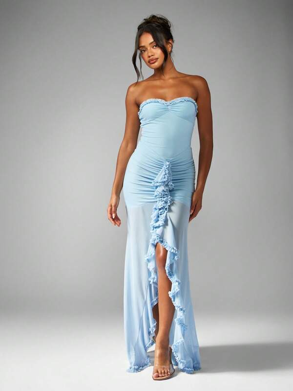 missguided MISSGUIDED Ruffle Trim Bandeau High Split Floor Length Mermaid Women Maxi Dress