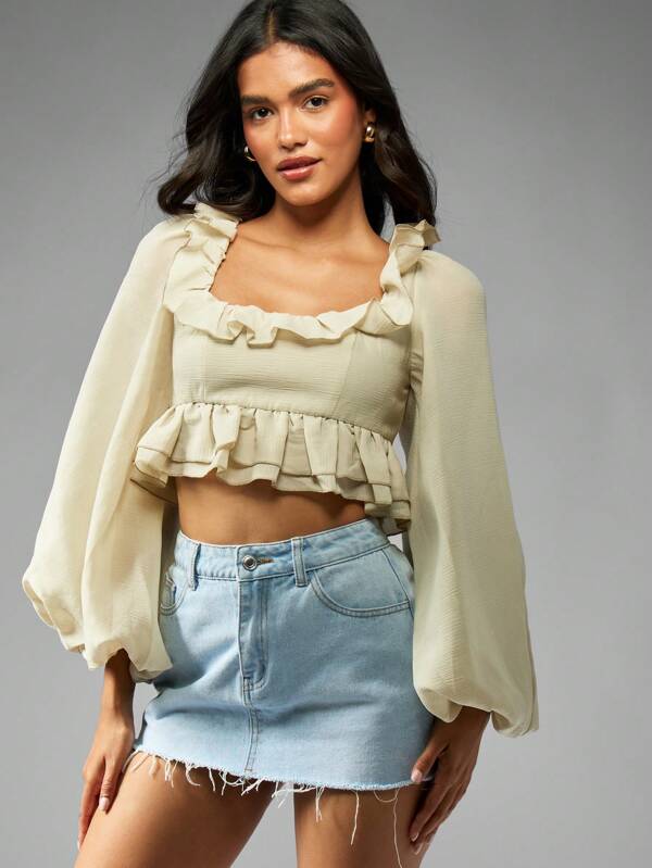 missguided MISSGUIDED Ruffle Trim Chiffon Crop Top With Balloon Sleeves