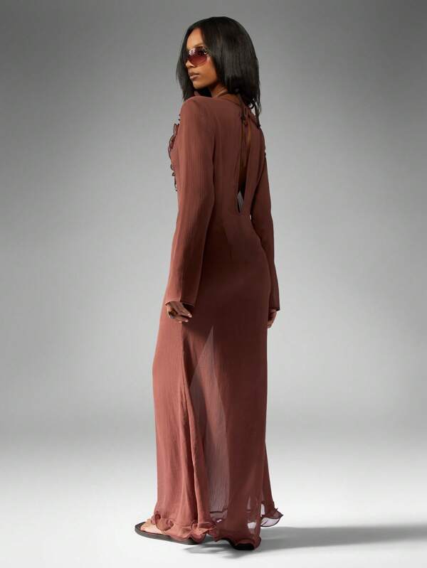 Missguided MISSGUIDED Ruffle Trim Chiffon Maxi Dress With Flutter Neckline