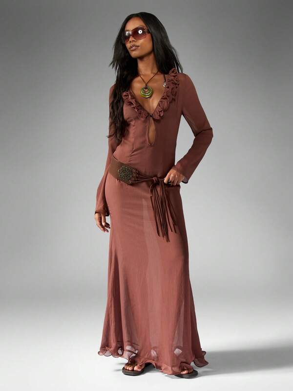 Missguided MISSGUIDED Ruffle Trim Chiffon Maxi Dress With Flutter Neckline