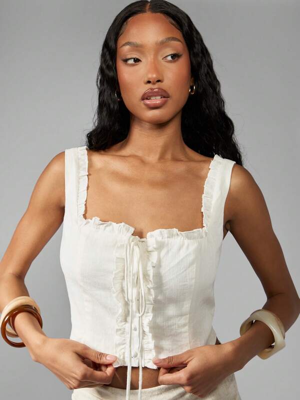 Missguided MISSGUIDED Ruffle Trim Corset Style Crop Cami Square Neck Lace-Up Front