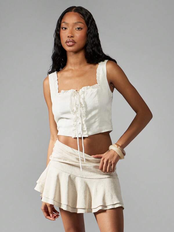 missguided MISSGUIDED Ruffle Trim Corset Style Crop Cami Square Neck Lace-Up Front