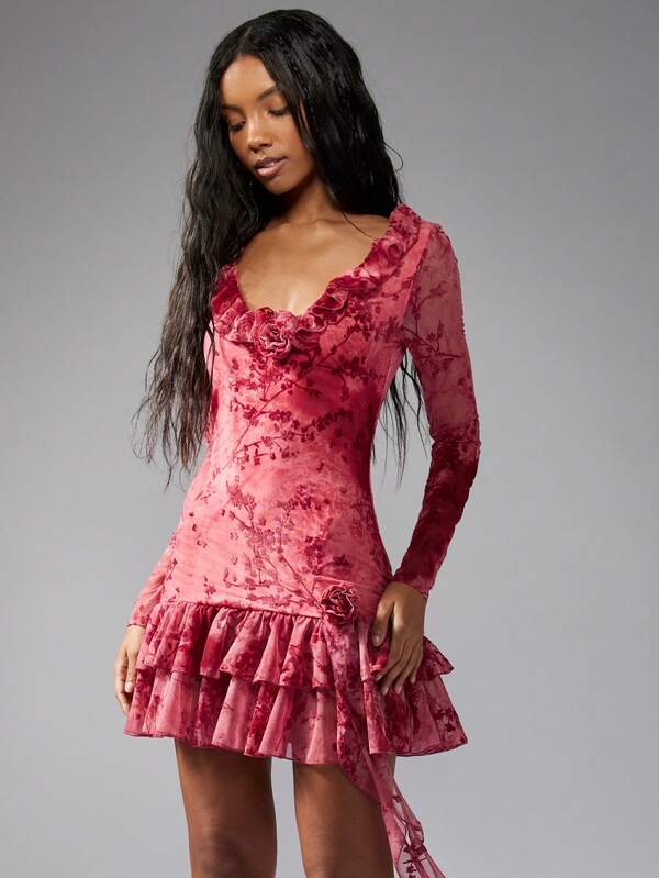 Missguided MISSGUIDED Ruffle Trim Devore Velvet Long Sleeve Mini Dress