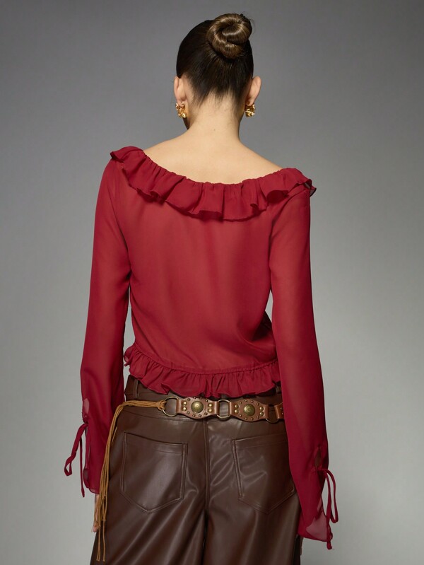 Missguided MISSGUIDED Ruffle Trim Sheer Crop Long Sleeve Blouse