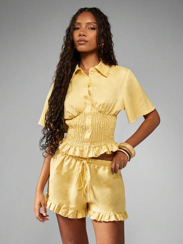 Missguided MISSGUIDED Ruffle Trim Smocked Waist Button Front Coordinated Two-Piece Outfits