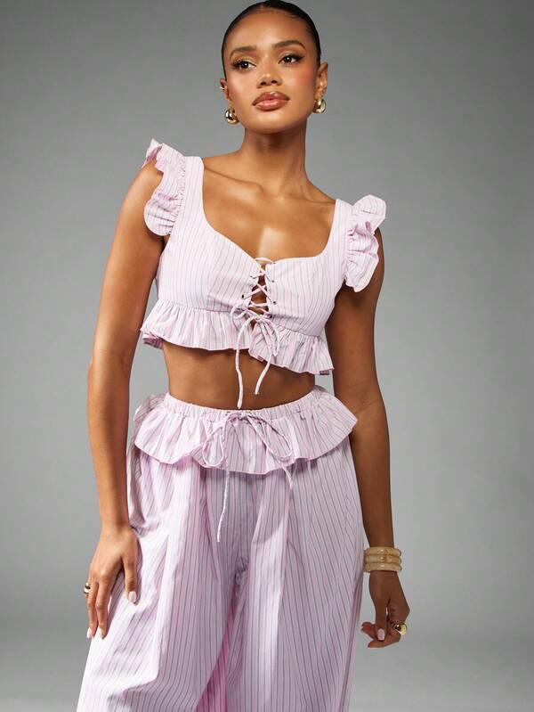 Missguided MISSGUIDED Ruffle Trim Square Neck Balloon Pants With Cropped Top