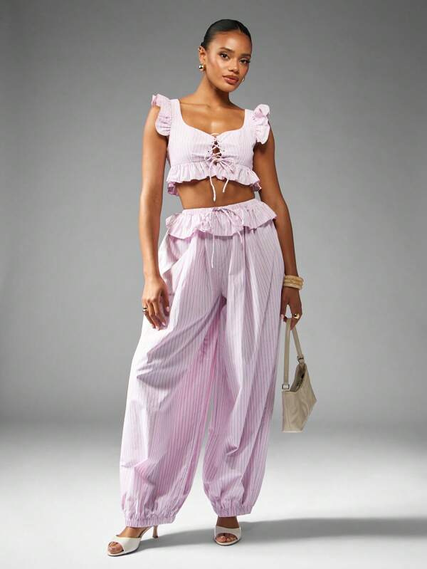 missguided MISSGUIDED Ruffle Trim Square Neck Balloon Pants With Cropped Top