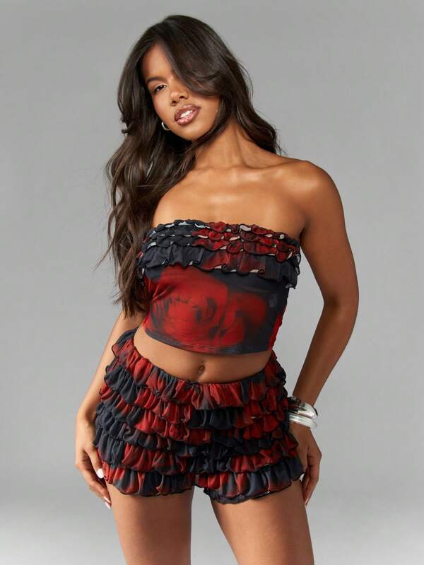 missguided MISSGUIDED Ruffle Two Piece Bandeau Crop Top Mini Shorts Set
