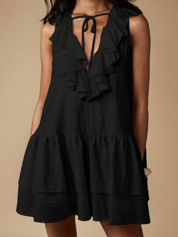 Missguided MISSGUIDED Ruffle V Neck Mini Dress With Tiered Skirt