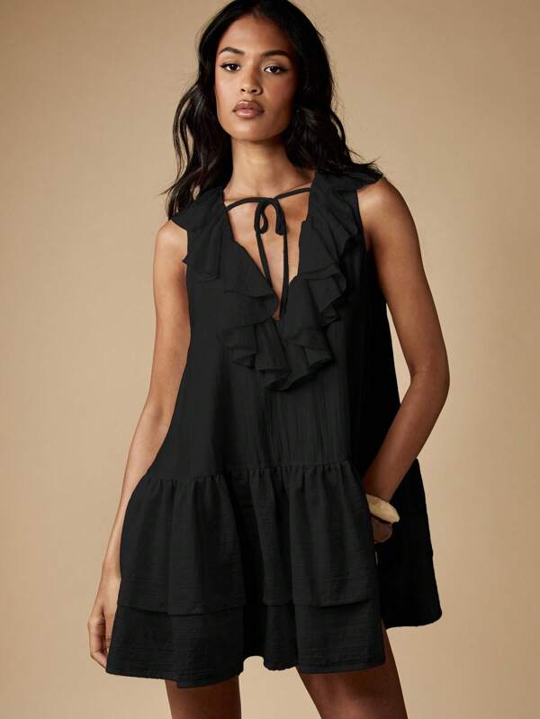 missguided MISSGUIDED Ruffle V Neck Mini Dress With Tiered Skirt