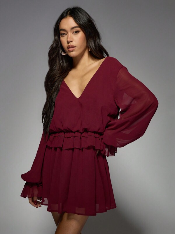 missguided MISSGUIDED Ruffle Waist Mini Dress With Balloon Sleeves