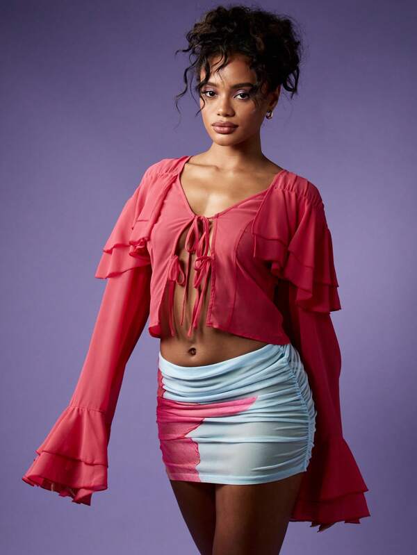 missguided MISSGUIDED Ruffled Bell Sleeve Crop Blouse