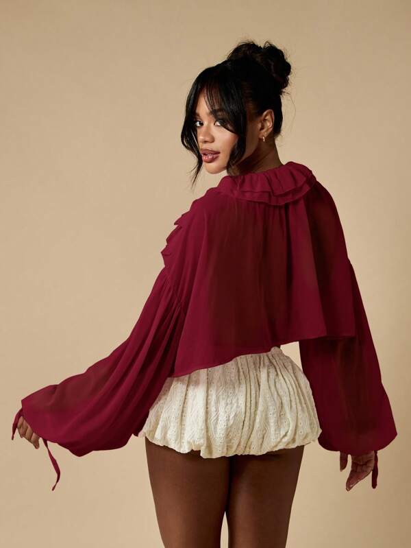Missguided MISSGUIDED Ruffled Blouse With Balloon Sleeves And Tie Front