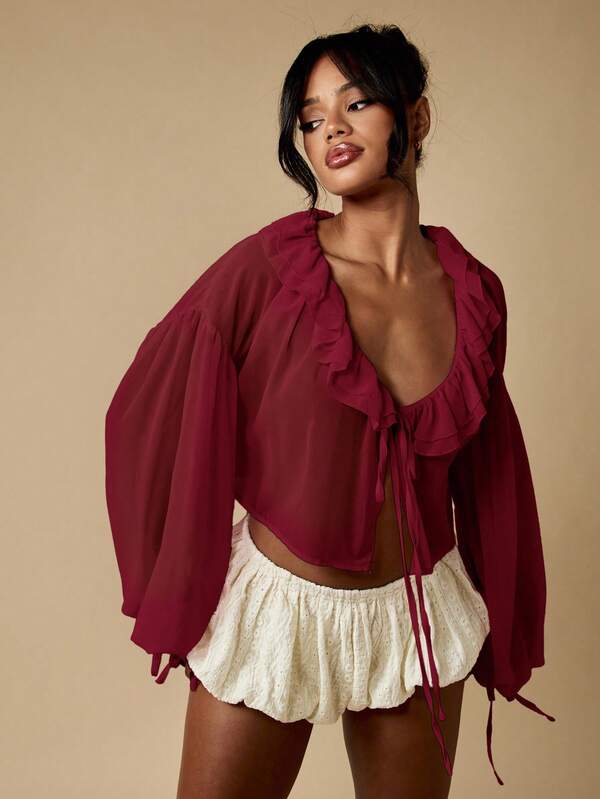Missguided MISSGUIDED Ruffled Blouse With Balloon Sleeves And Tie Front