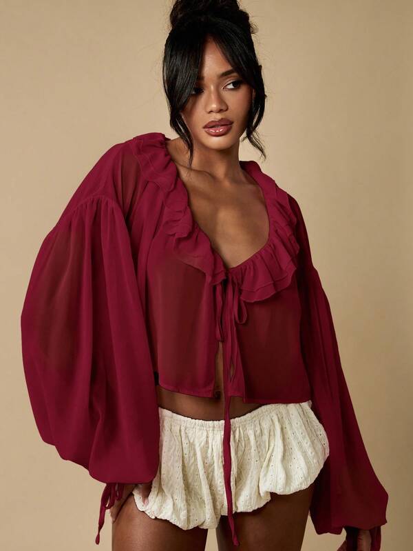 missguided MISSGUIDED Ruffled Blouse With Balloon Sleeves And Tie Front