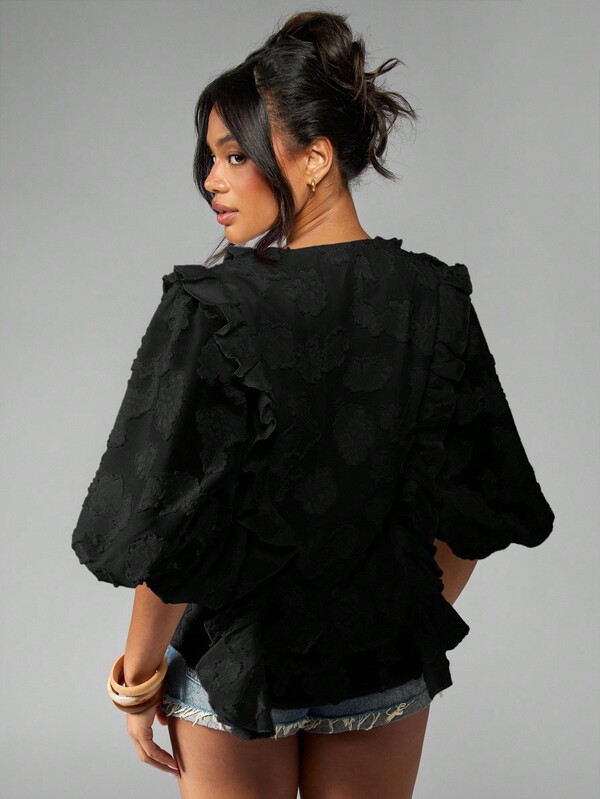Missguided MISSGUIDED Ruffled Chiffon Blouse With Puff Sleeves And Lace Up