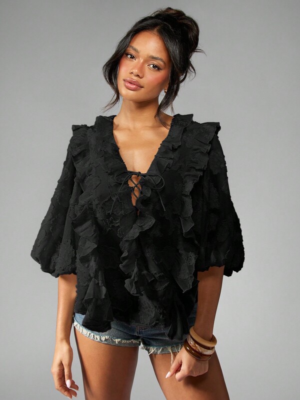 Missguided MISSGUIDED Ruffled Chiffon Blouse With Puff Sleeves And Lace Up