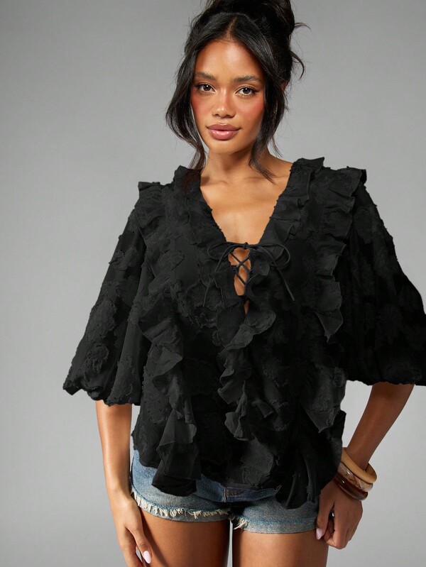 missguided MISSGUIDED Ruffled Chiffon Blouse With Puff Sleeves And Lace Up
