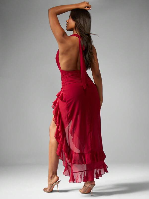 Missguided MISSGUIDED Ruffled Chiffon Maxi Dress Features High Slit And Halter Neck