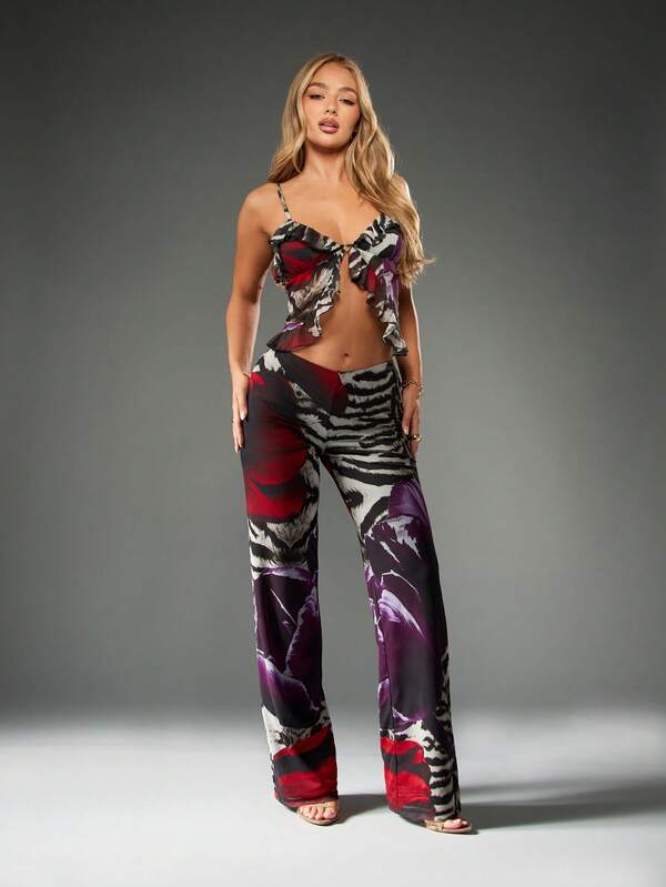 missguided MISSGUIDED Ruffled Crop Top And Wide Leg Pants Set