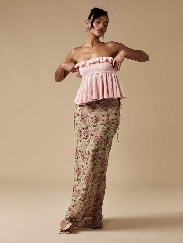 Missguided MISSGUIDED Ruffled Empire Waist Peplum Bandeau Crop Top
