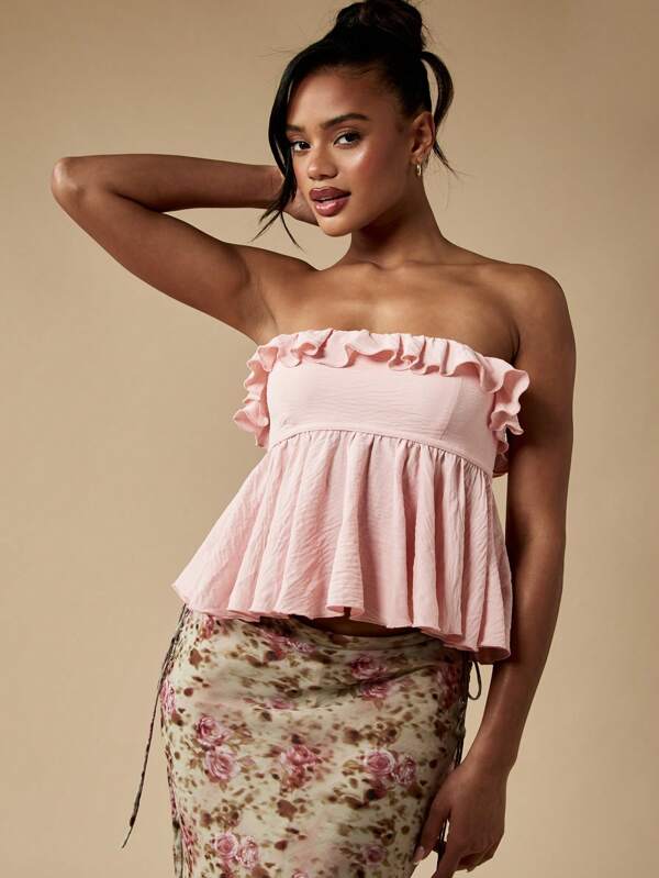 missguided MISSGUIDED Ruffled Empire Waist Peplum Bandeau Crop Top