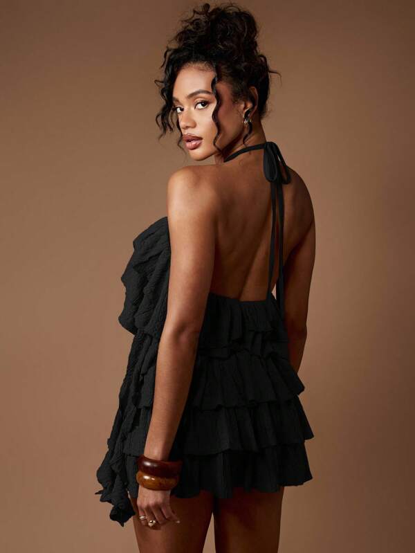 Missguided MISSGUIDED Ruffled Halter Neck Co Ord With Tiered Mini Skirt