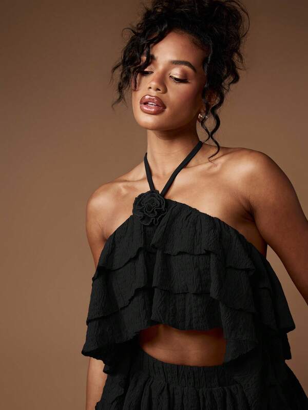 Missguided MISSGUIDED Ruffled Halter Neck Co Ord With Tiered Mini Skirt