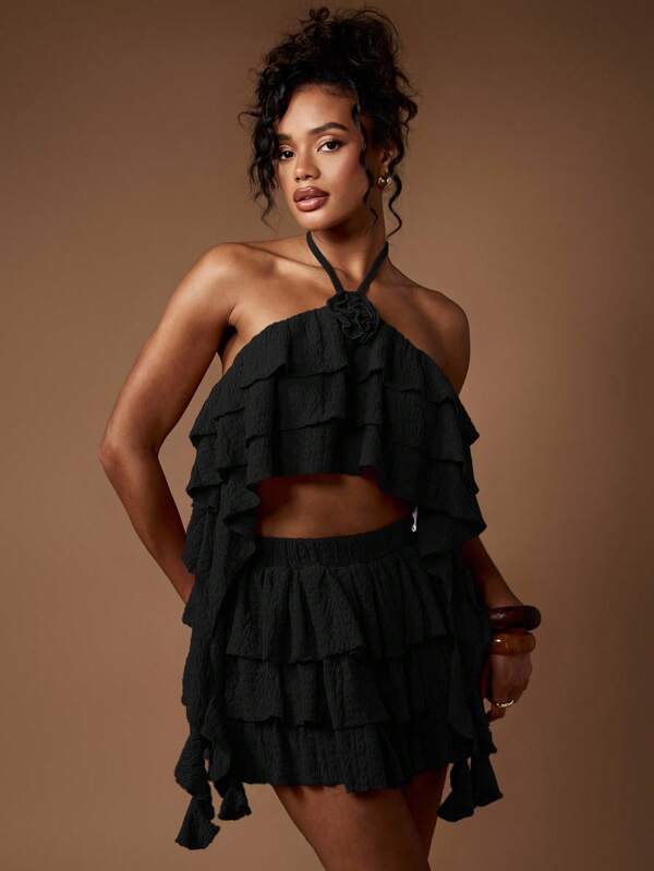 missguided MISSGUIDED Ruffled Halter Neck Co Ord With Tiered Mini Skirt