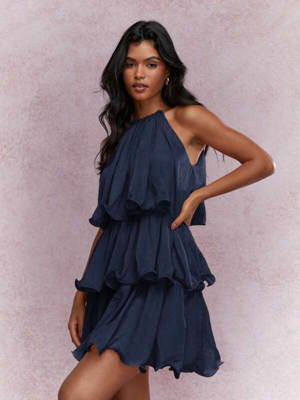 missguided MISSGUIDED Ruffled Halter Neck Tiered Mini Dress