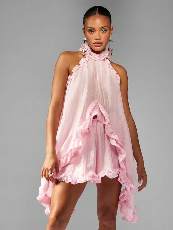 Missguided MISSGUIDED Ruffled High Low Top With Mini Skirt Coord