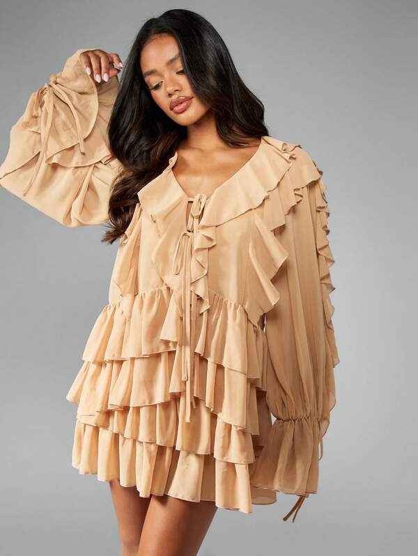 Missguided MISSGUIDED Ruffled Long Sleeve Layered Mini Two-Piece Outfit