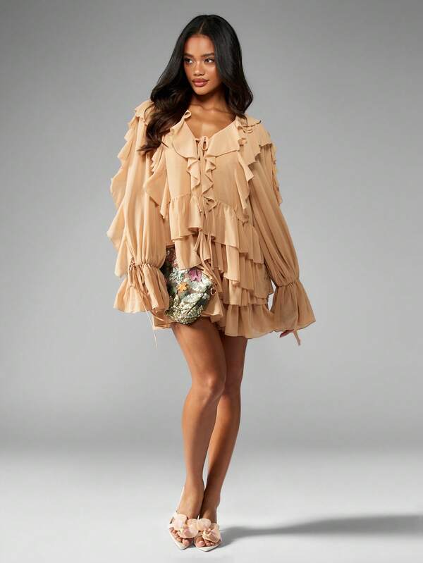 Missguided MISSGUIDED Ruffled Long Sleeve Layered Mini Two-Piece Outfit
