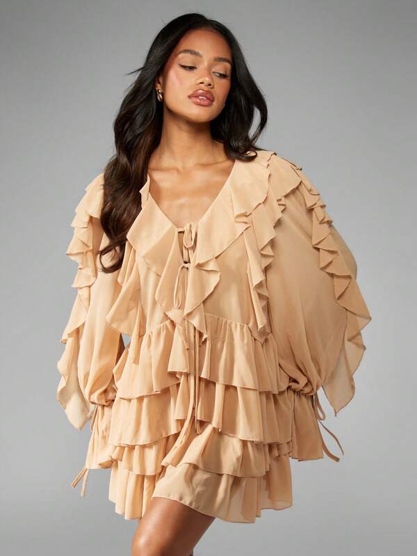 missguided MISSGUIDED Ruffled Long Sleeve Layered Mini Two-Piece Outfit