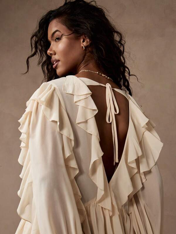 Missguided MISSGUIDED Ruffled Long Sleeve Tie Front Chiffon Boho Style Blouse