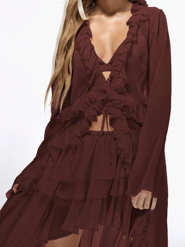 Missguided MISSGUIDED Ruffled Longline Front Tie Long Sleeve Women Blouses