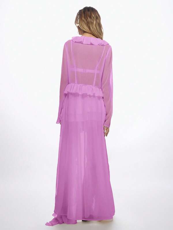 Missguided MISSGUIDED Ruffled Longline Sheer Chiffon Layered Blouse