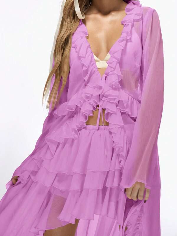 Missguided MISSGUIDED Ruffled Longline Sheer Chiffon Layered Blouse